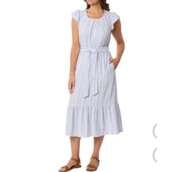 Briggs Women's Linen Blend Size XS Tiered Flutter Cap Sleeve Dress White Blue - Picture 12 of 15